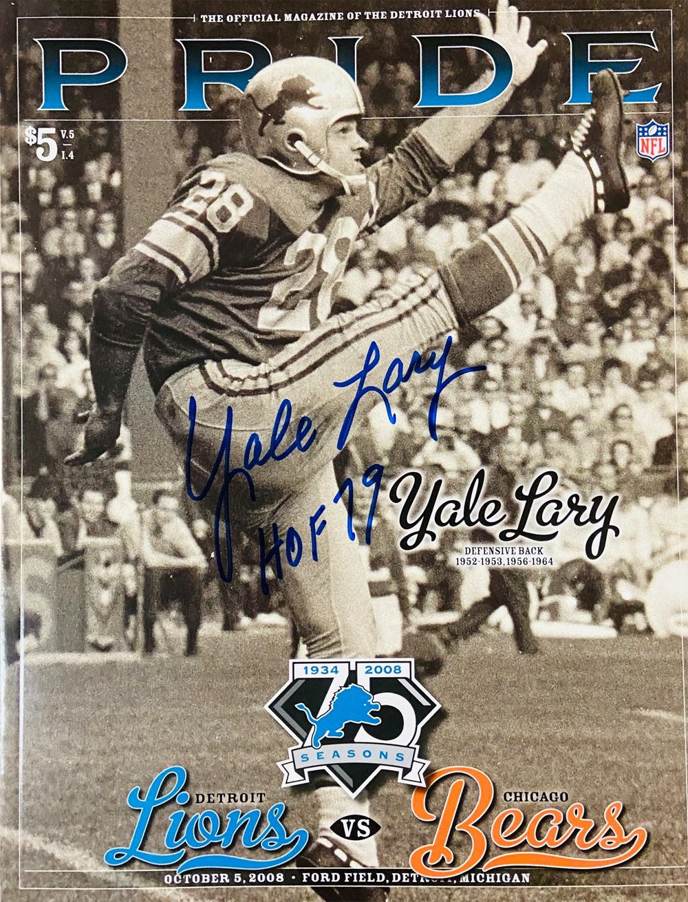 Yale Lary Autographed Detroit Lions 2008 Pride Magazine HOF Beckett