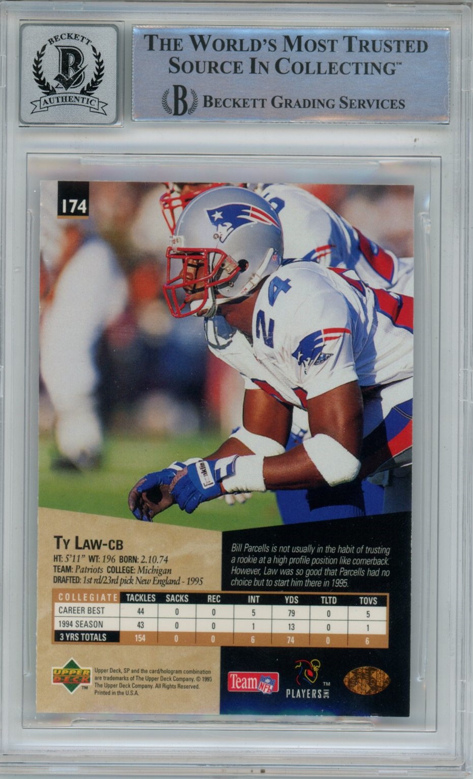Ty Law Signed New England Patriots 1995 SP #174 Beckett Auto 10
