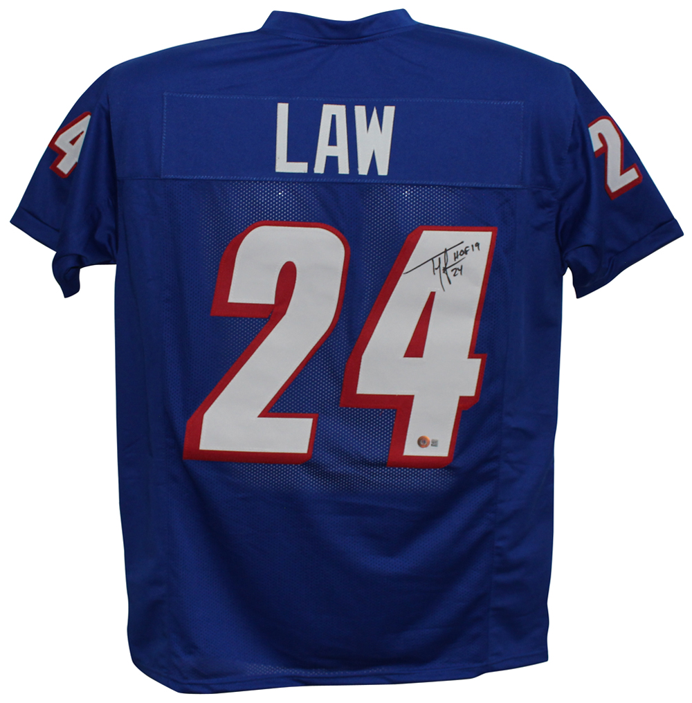 Ty Law Autographed/Signed Pro Style Blue XL Jersey HOF Beckett