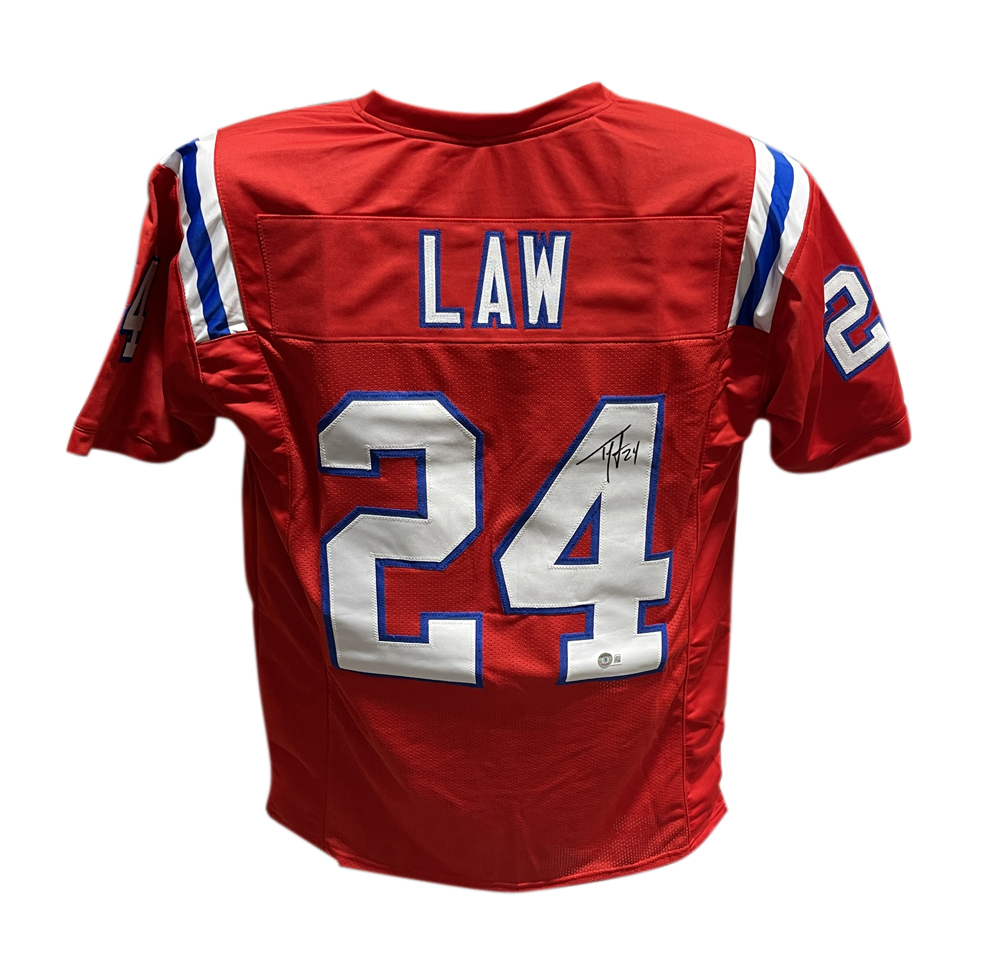 Ty Law Autographed/Signed Pro Style Jersey Red Beckett