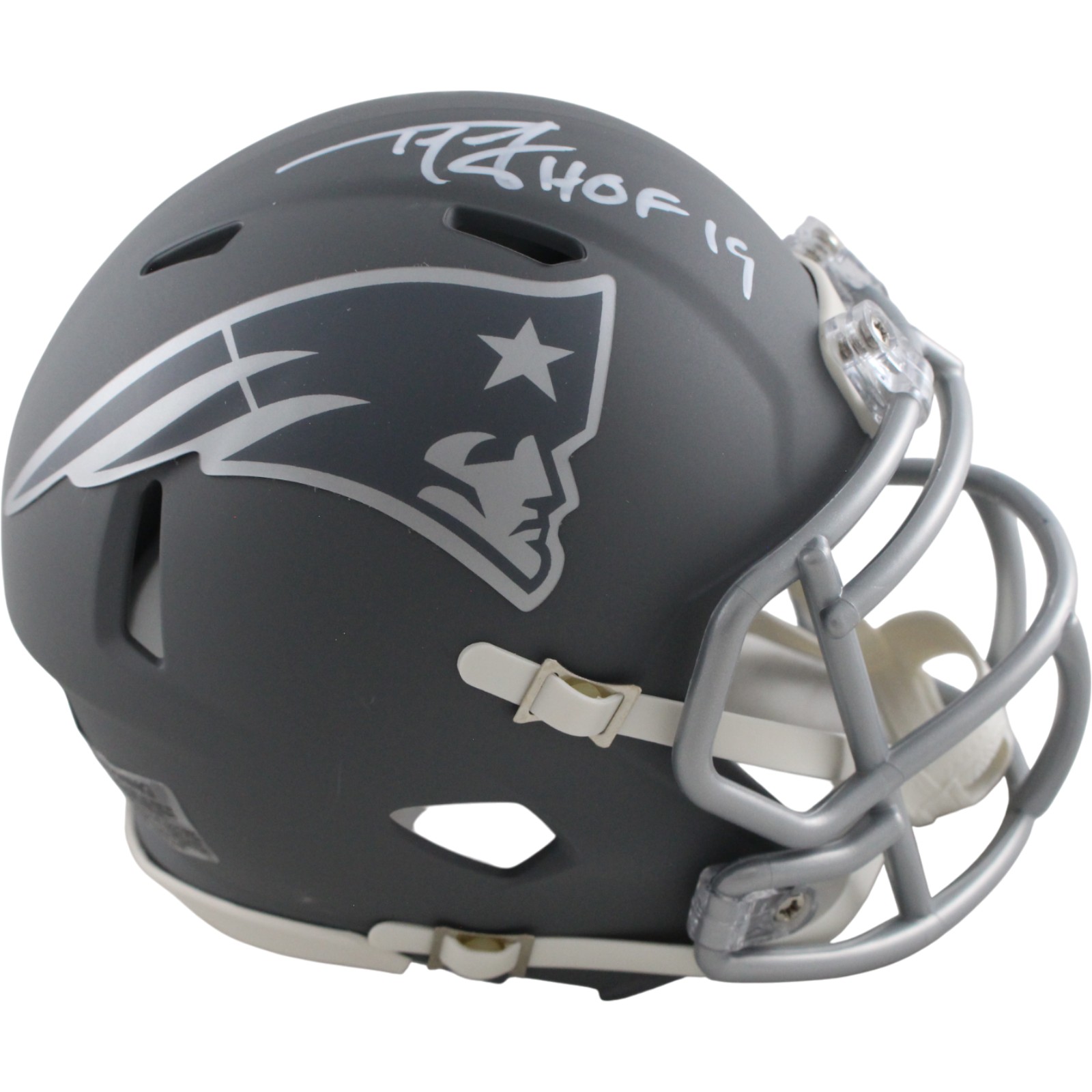 Ty Law Autographed New England Patriots Slate Mini Helmet HOF Beckett 54284