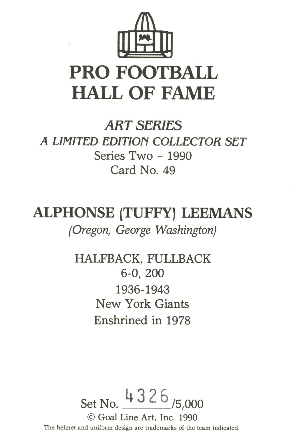 Alphonse "Tuffy" Leemans New York Giants Goal Line Art Card #49 LE /5000 58105 2 Alphonse "Tuffy" Leemans New York Giants Goal Line Art Card #49 LE /5000 58105