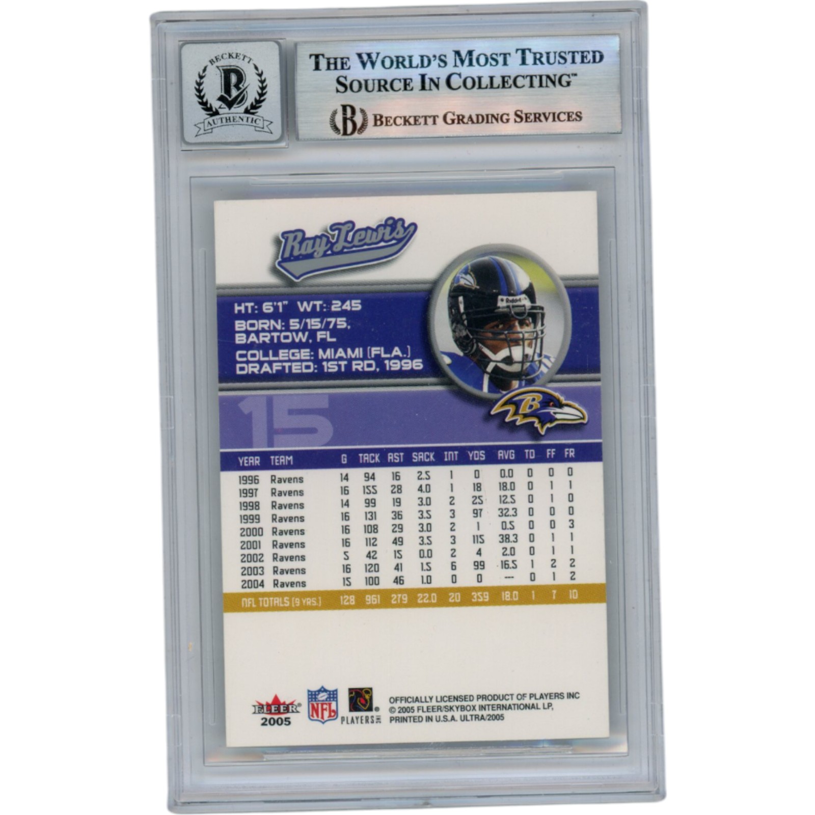 Ray Lewis Autographed/Signed 2005 Fleer #15 Slabbed Trading Card Beckett 50004