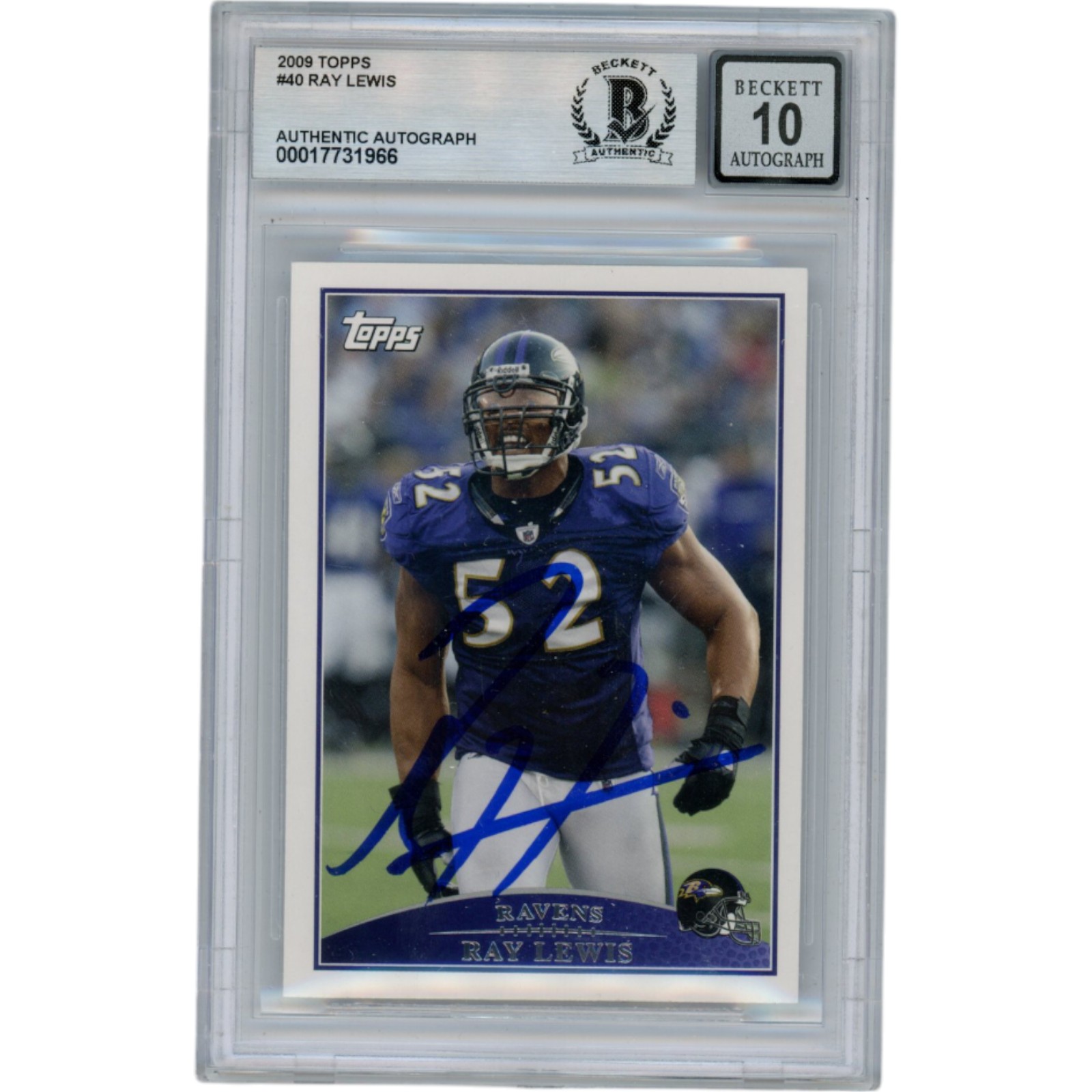 Ray Lewis Autographed/Signed 2009 Topps #40 Slabbed Trading Card Beckett 50011