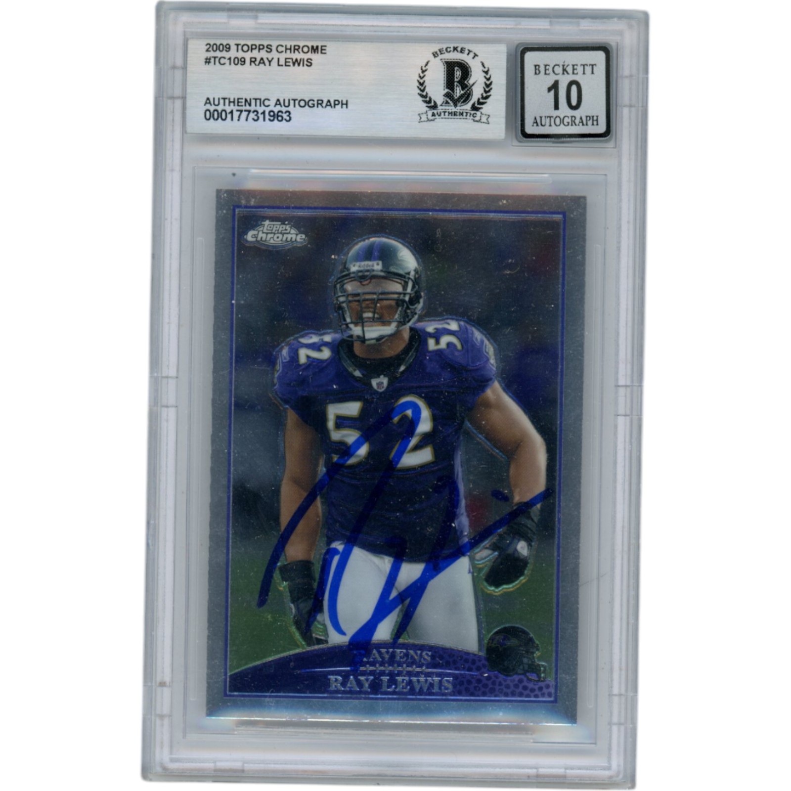 Ray Lewis Autographed 2009 Topps Chrome TC109 Slabbed Trading Card Beckett 50009