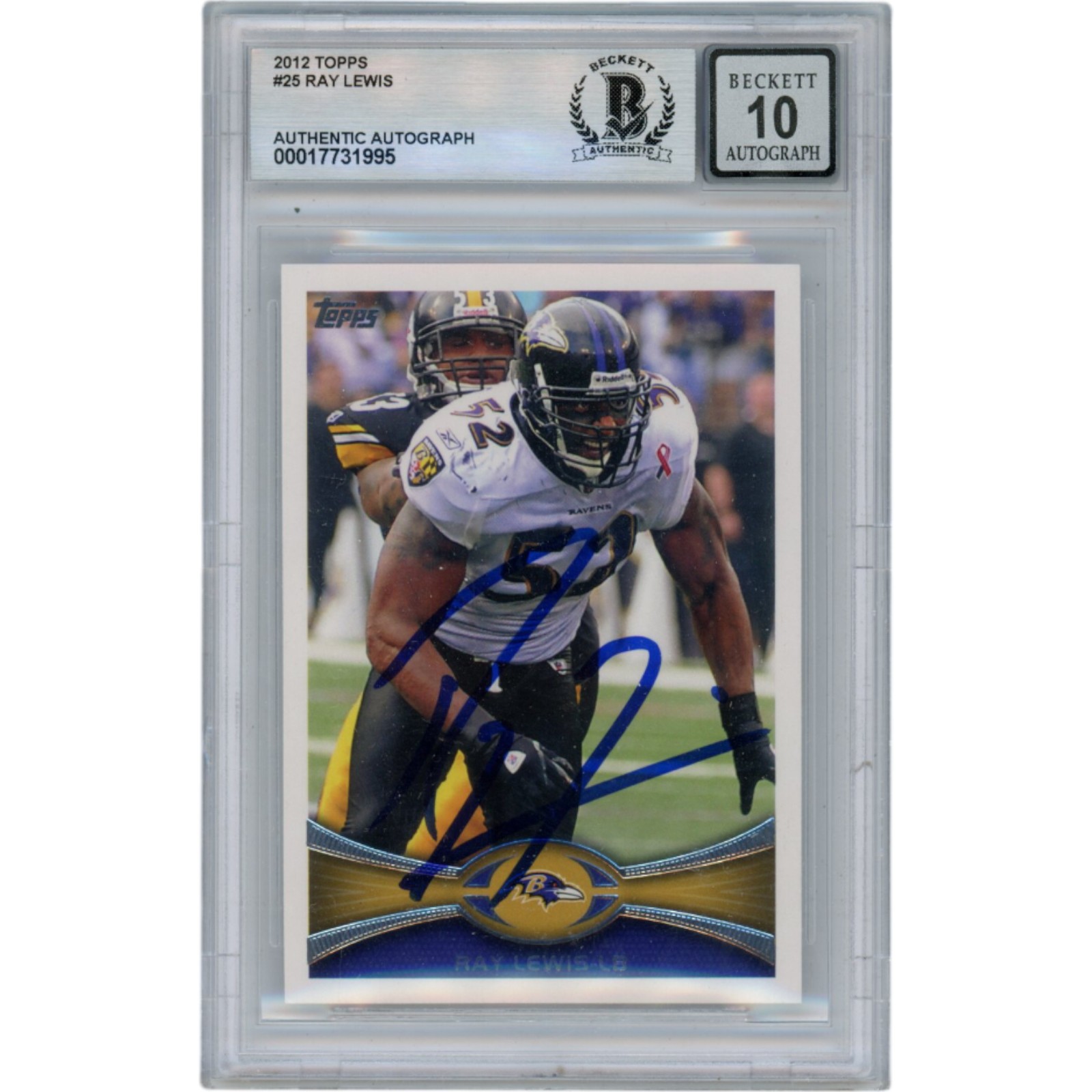 Ray Lewis Autographed/Signed 2012 Topps #25 Slabbed Trading Card Beckett 50025