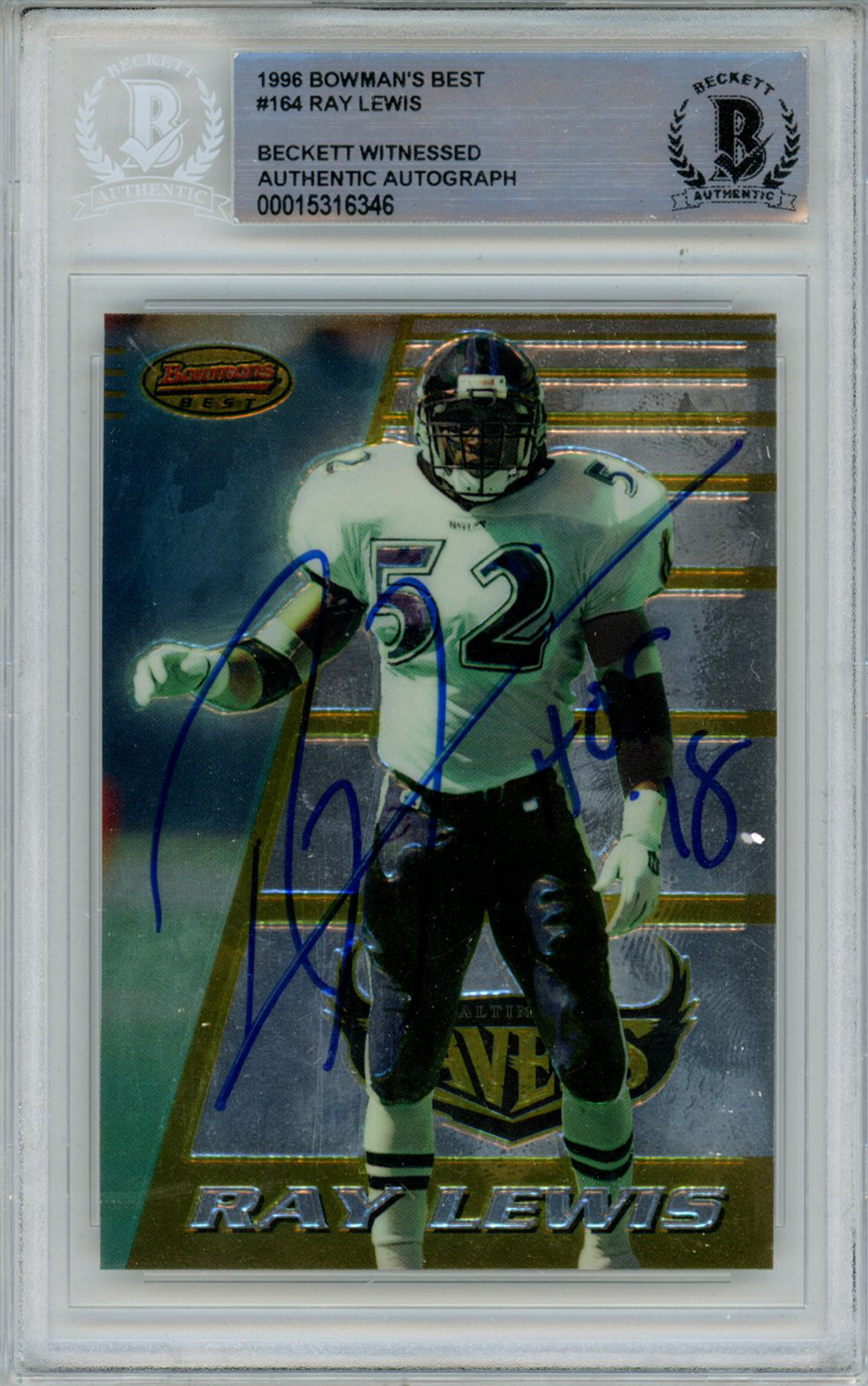 Ray Lewis Signed 1996 Bowmans Best #164 Rookie Card w/HOF Beckett Slab