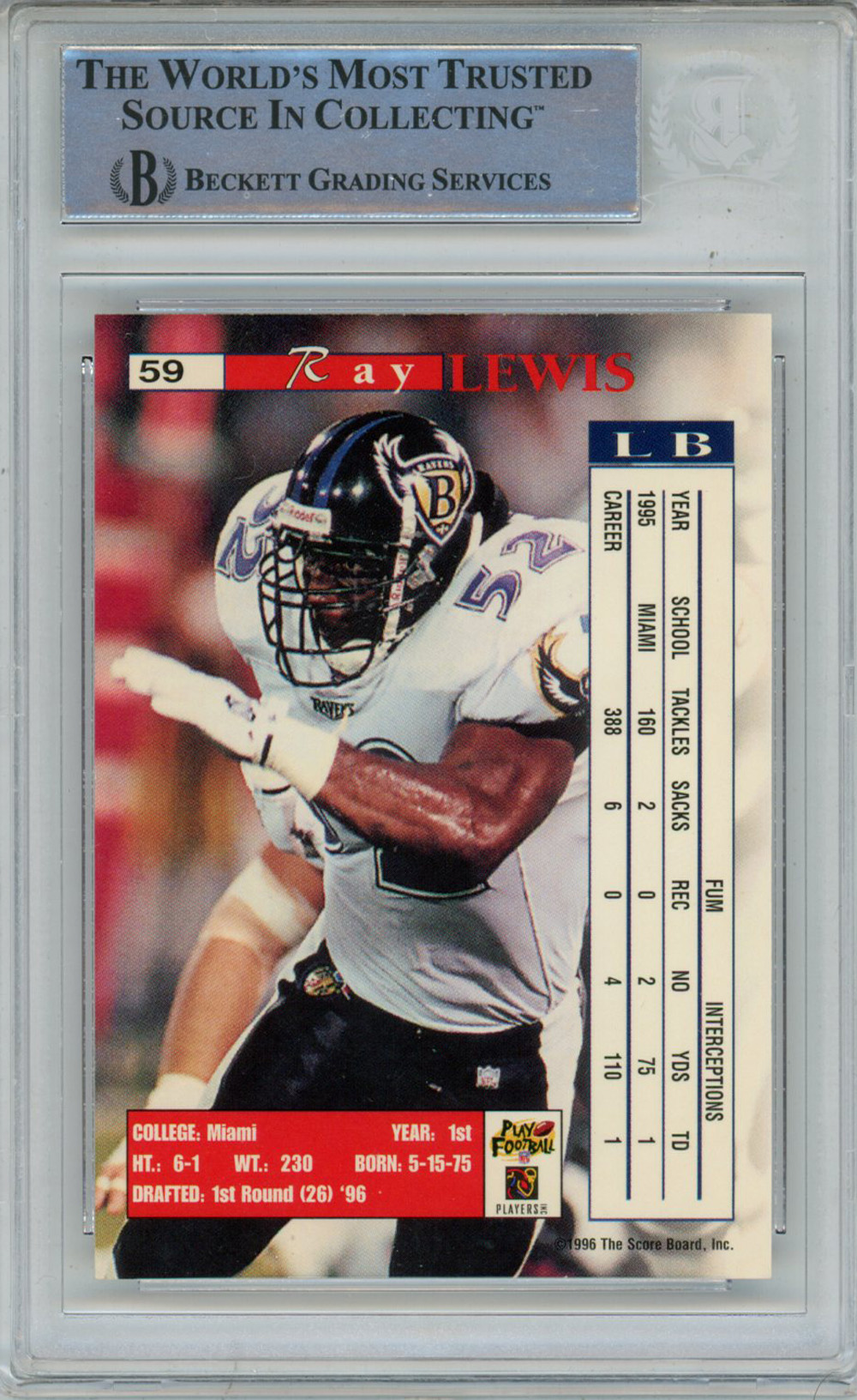 Ray Lewis Autographed 1996 Proline Intense #59 Rookie Card Beckett Slab