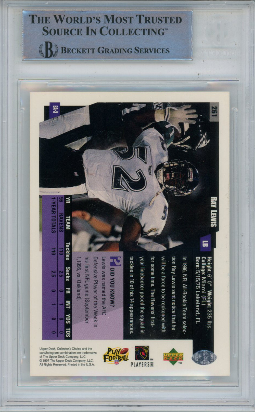 Ray Lewis Signed 1997 Collector's Choice #261 Trading Card Beckett Slab