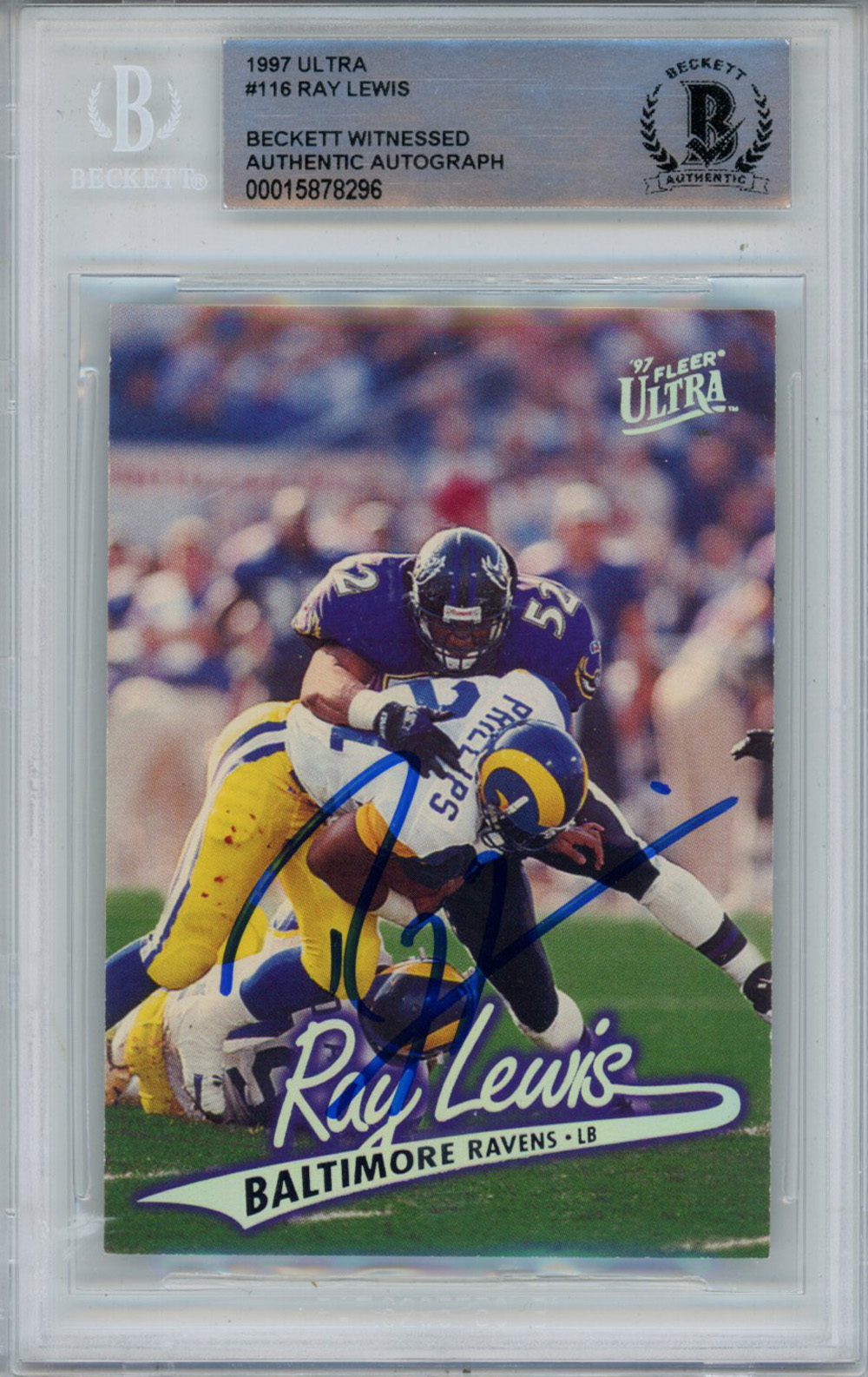 Ray Lewis Autographed 1997 Ultra #116 Trading Card Beckett Slab