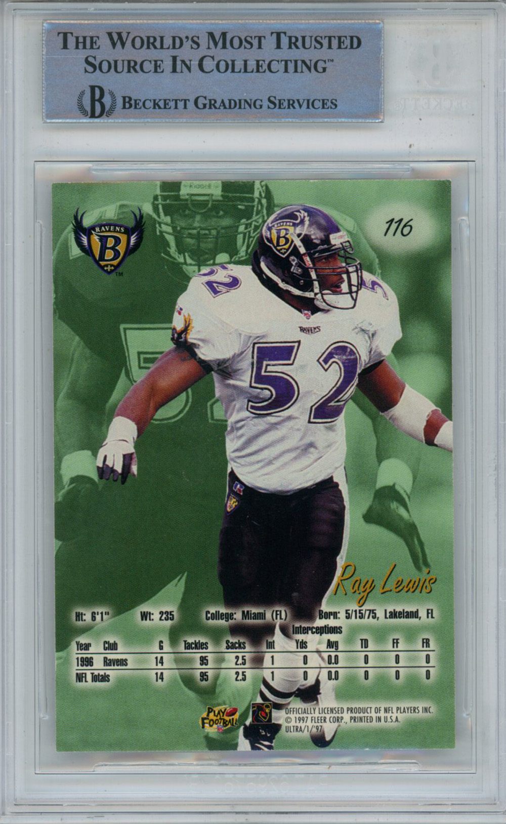 Ray Lewis Autographed 1997 Ultra #116 Trading Card Beckett Slab