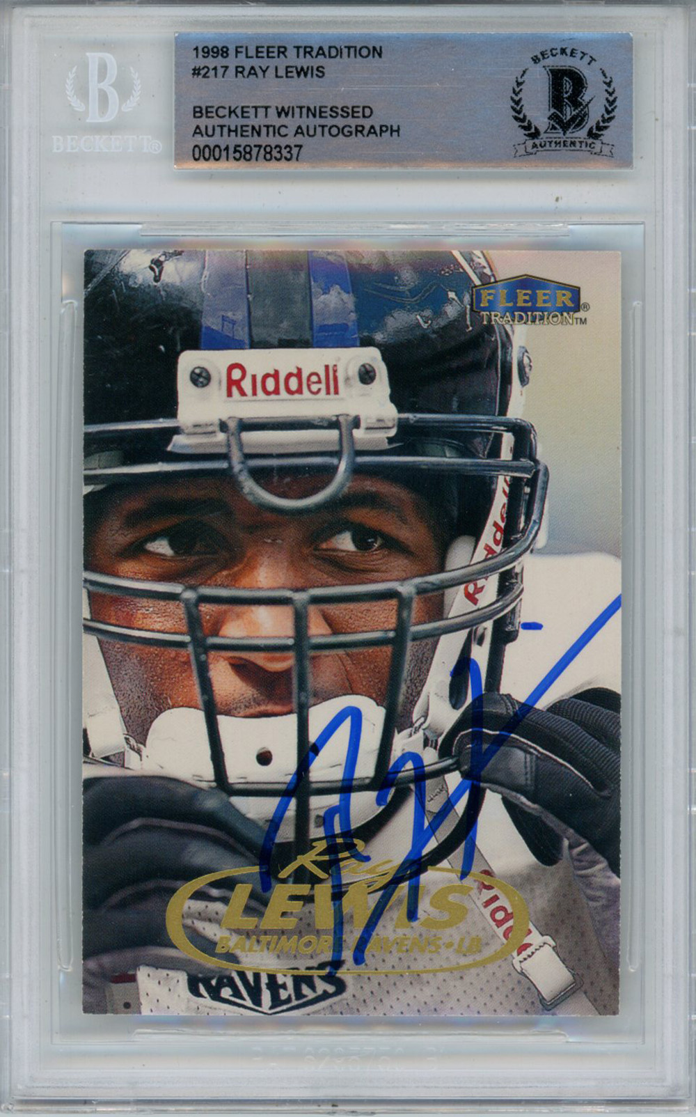 Ray Lewis Signed 1998 Fleer Tradition #217 Trading Card Beckett Slab