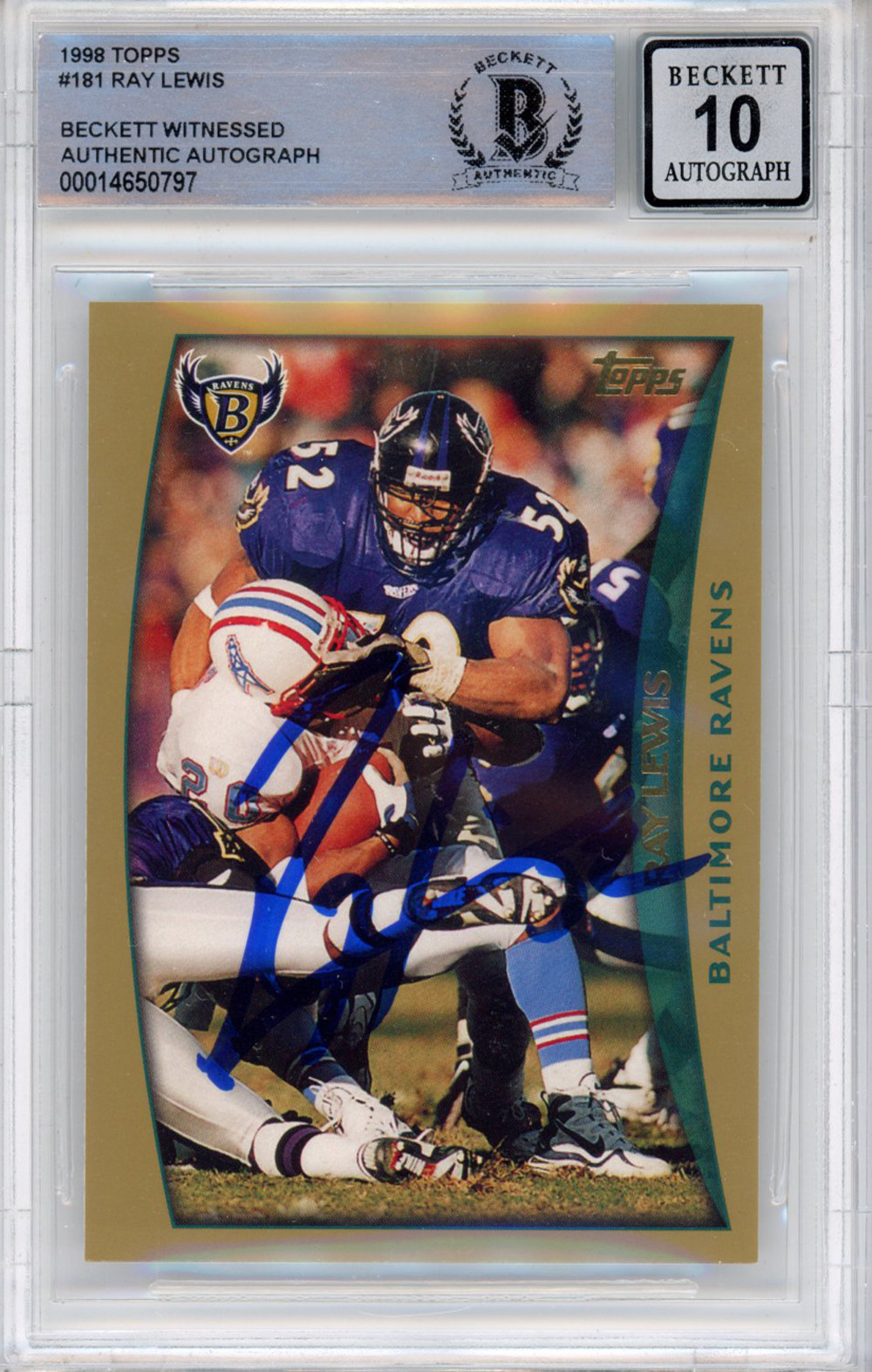 Ray Lewis Autographed/Signed 1998 Topps #181 Trading Card Beckett Slab