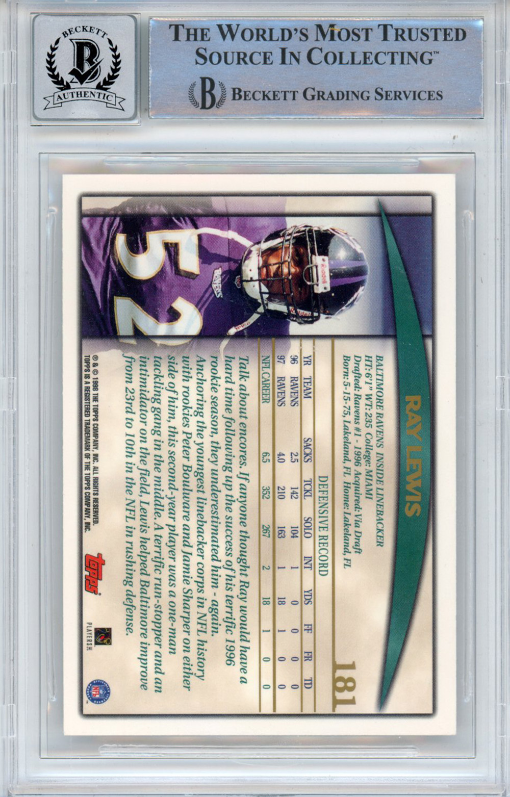 Ray Lewis Autographed/Signed 1998 Topps #181 Trading Card Beckett Slab