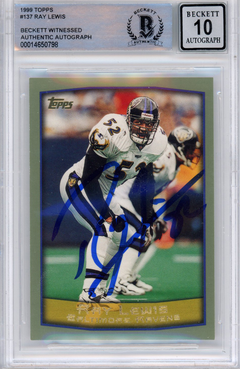 Ray Lewis Autographed/Signed 1999 Topps #137 Trading Card Beckett Slab