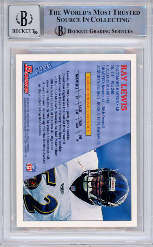 Ray Lewis Autographed 2001 Bowman #BRC2 (Grade 10) Slabbed BAS