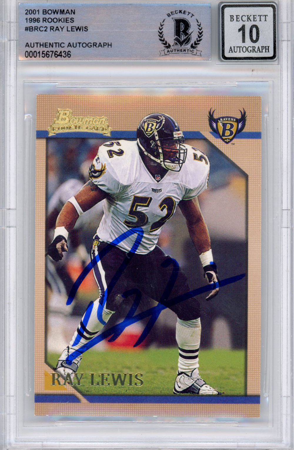 Ray Lewis Autographed 2001 Bowman #BRC2 (Grade 10) Slabbed BAS