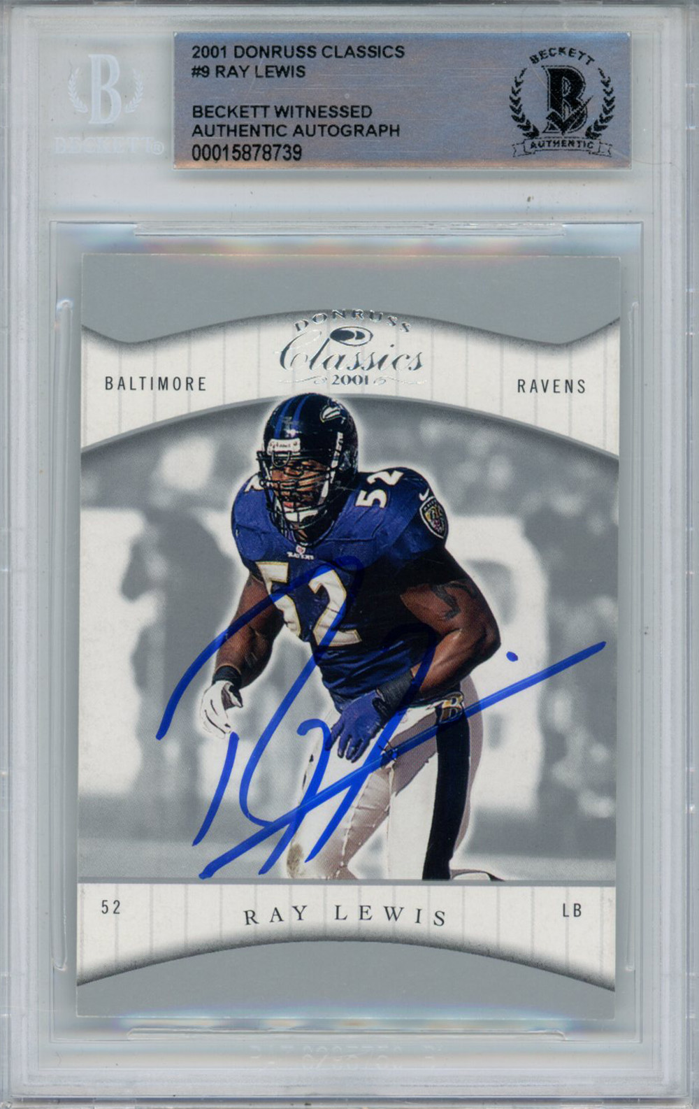 Ray Lewis Autographed 2001 Donruss Classics #9 Trading Card Beckett Slab