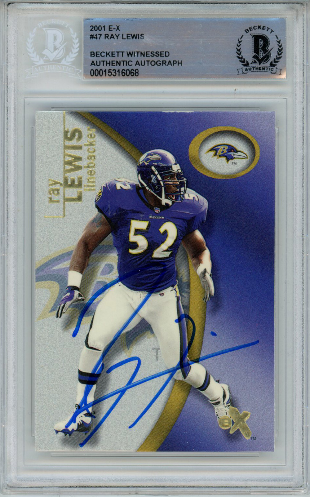 Ray Lewis Autographed 2001 Fleer E-X #47 Trading Card Beckett Slab
