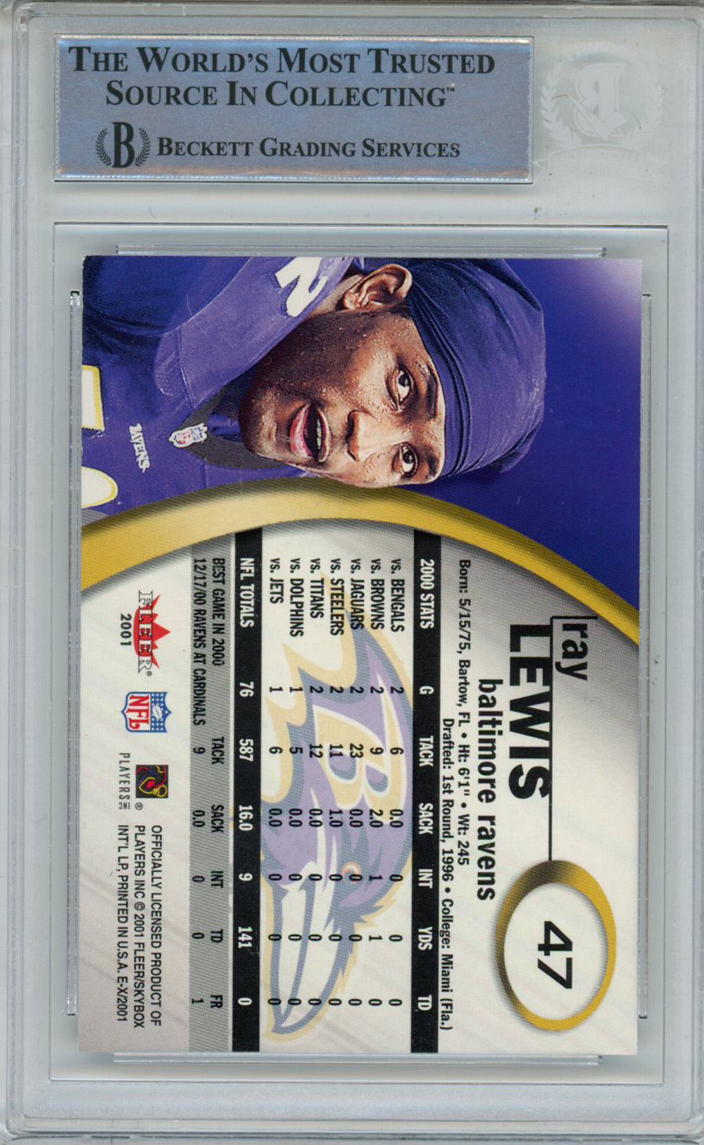 Ray Lewis Autographed 2001 Fleer E-X #47 Trading Card Beckett Slab