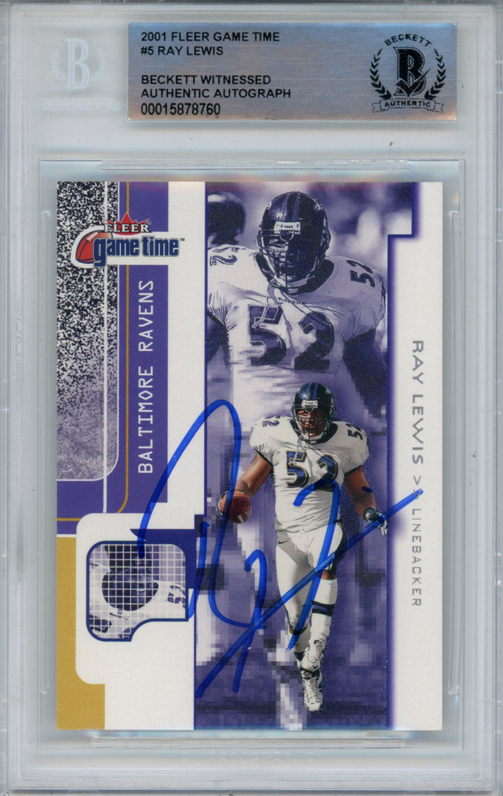 Ray Lewis Autographed 2001 Fleer Game Time #5 Trading Card Beckett Slab