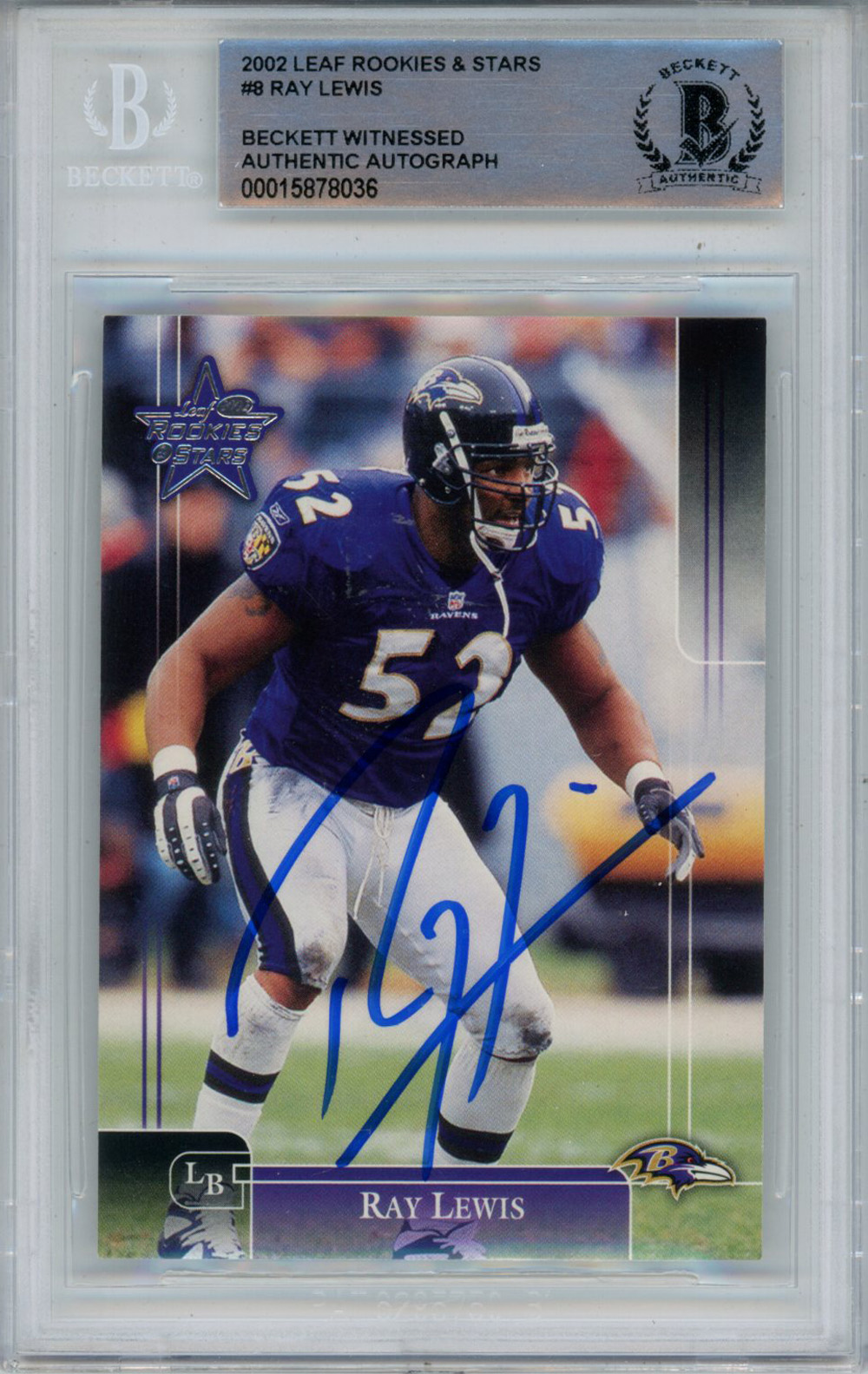 Ray Lewis Signed 2002 Leaf Rookies & Stars #8 Trading Card Beckett Slab