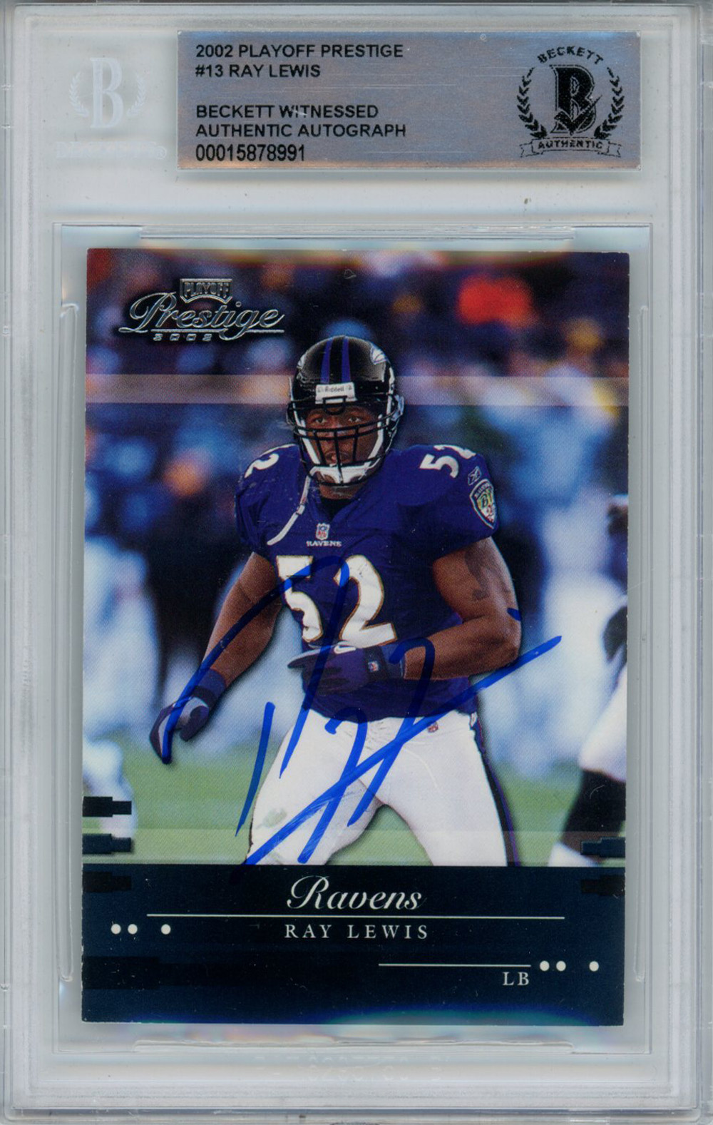 Ray Lewis Autographed 2002 Playoff Prestige #13 Trading Card Beckett Slab