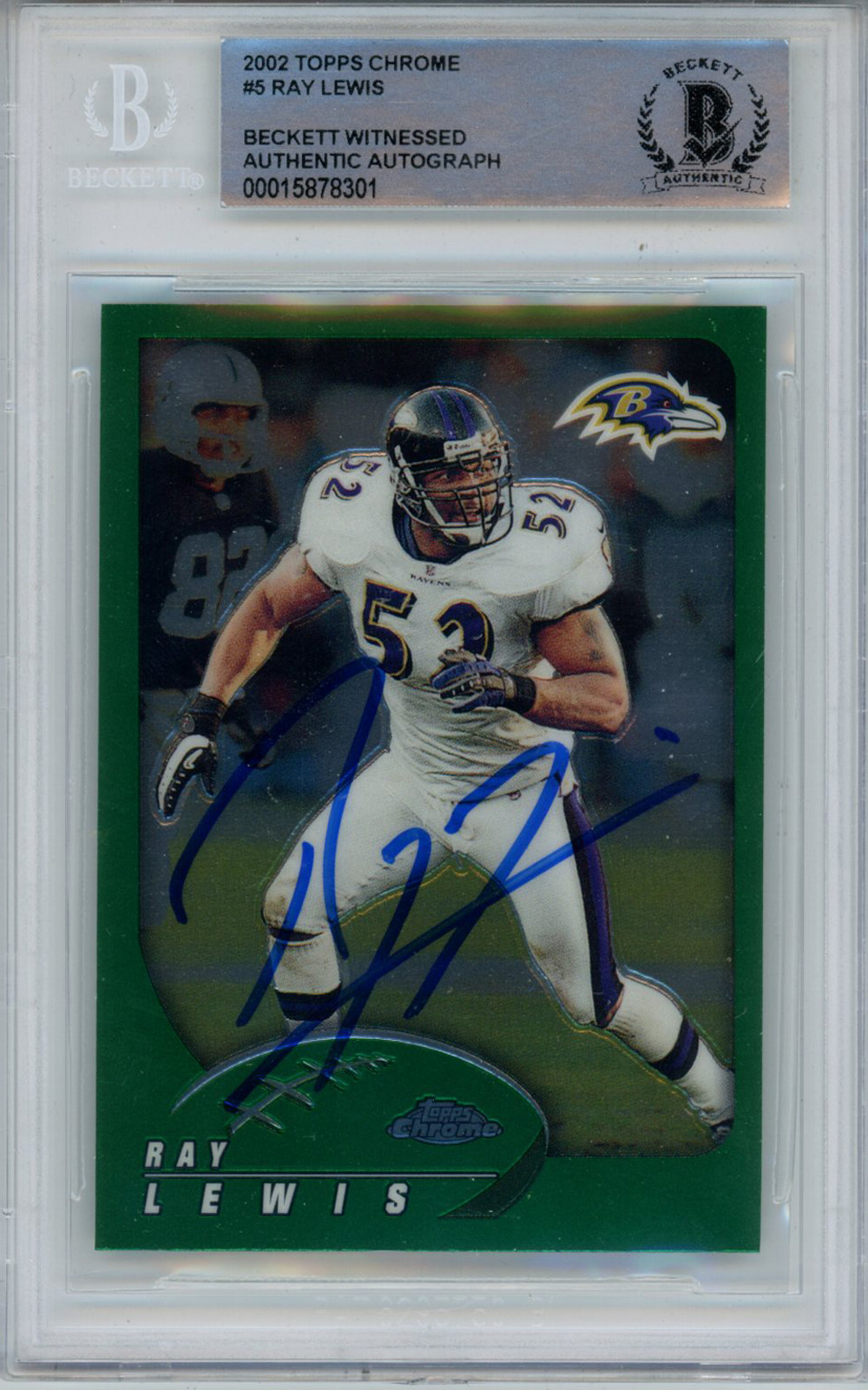 Ray Lewis Autographed 2002 Topps Chrome #5 Trading Card Beckett Slab
