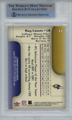 Ray Lewis Autographed 2003 Fleer Avant #11 Trading Card Beckett Slab