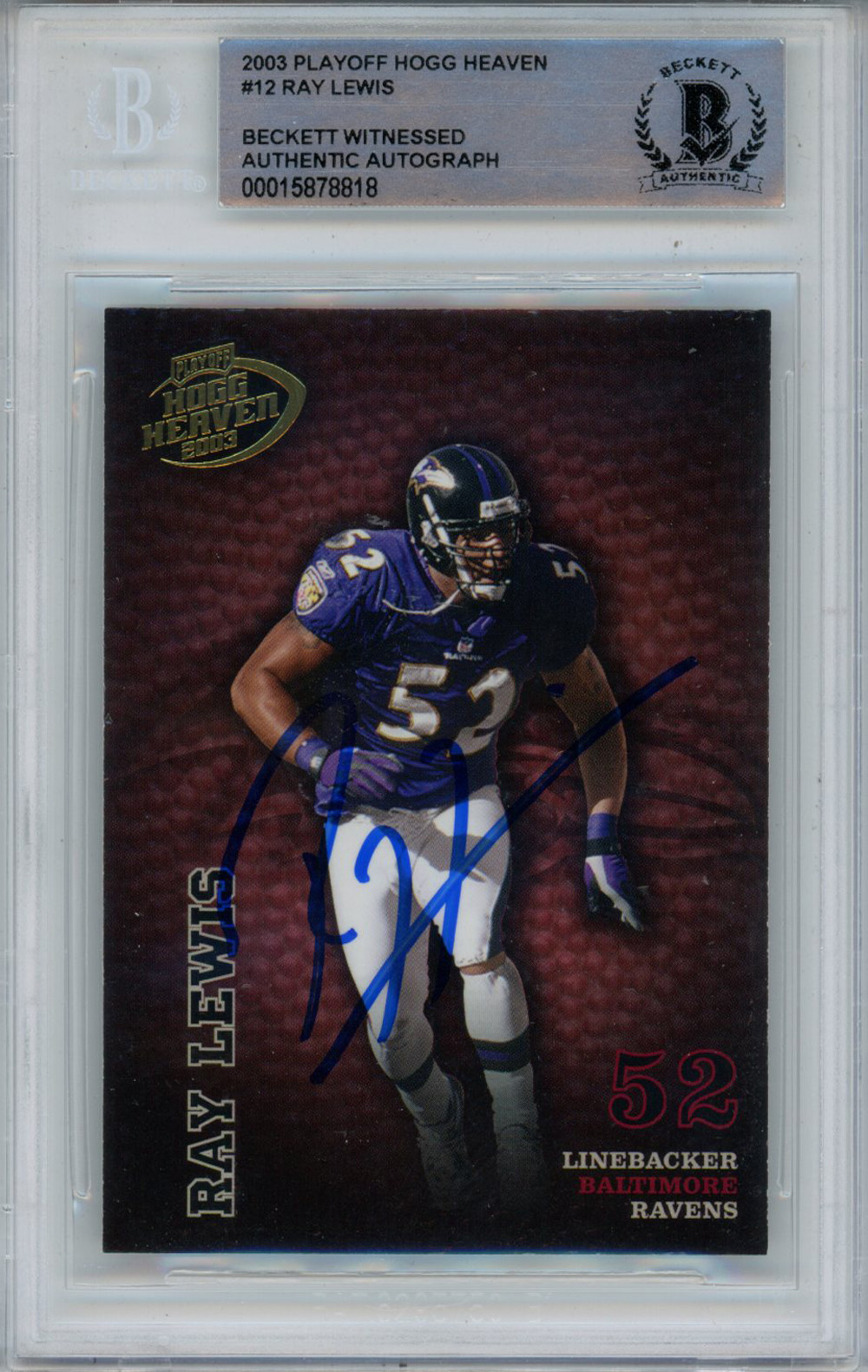 Ray Lewis Signed 2003 Playoff Hogg Heaven #12 Trading Card Beckett Slab