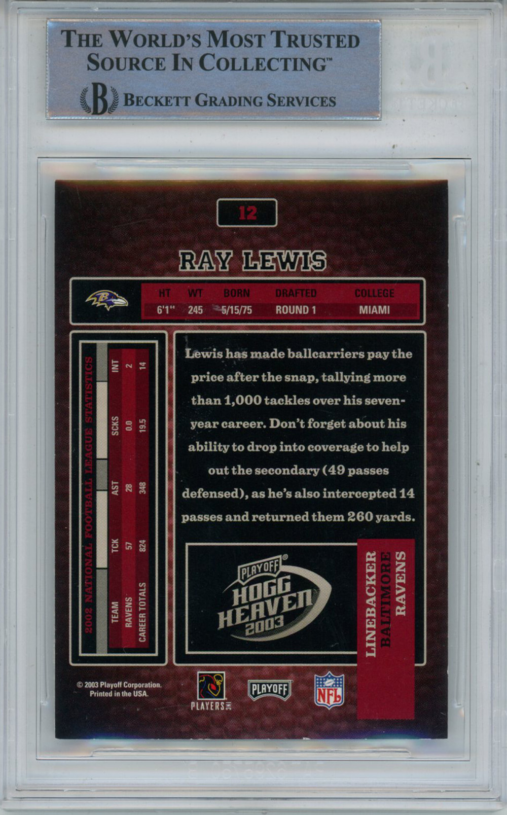 Ray Lewis Signed 2003 Playoff Hogg Heaven #12 Trading Card Beckett Slab