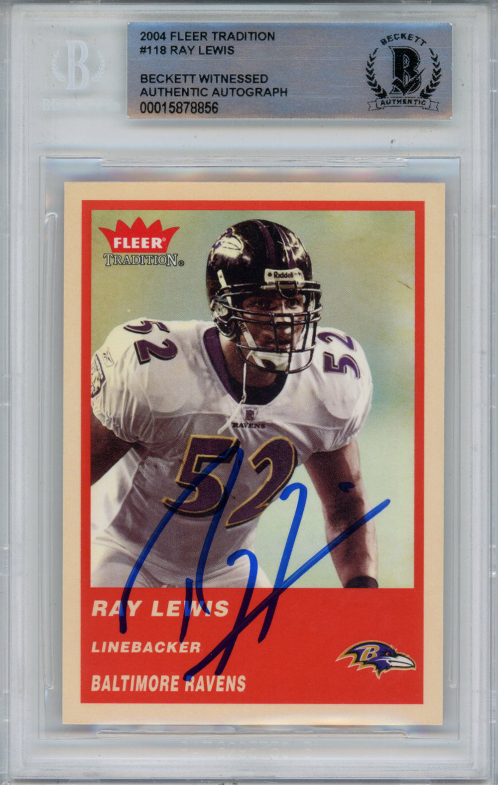 Ray Lewis Autographed 2004 Fleer Tradition #118 Trading Card Beckett Slab