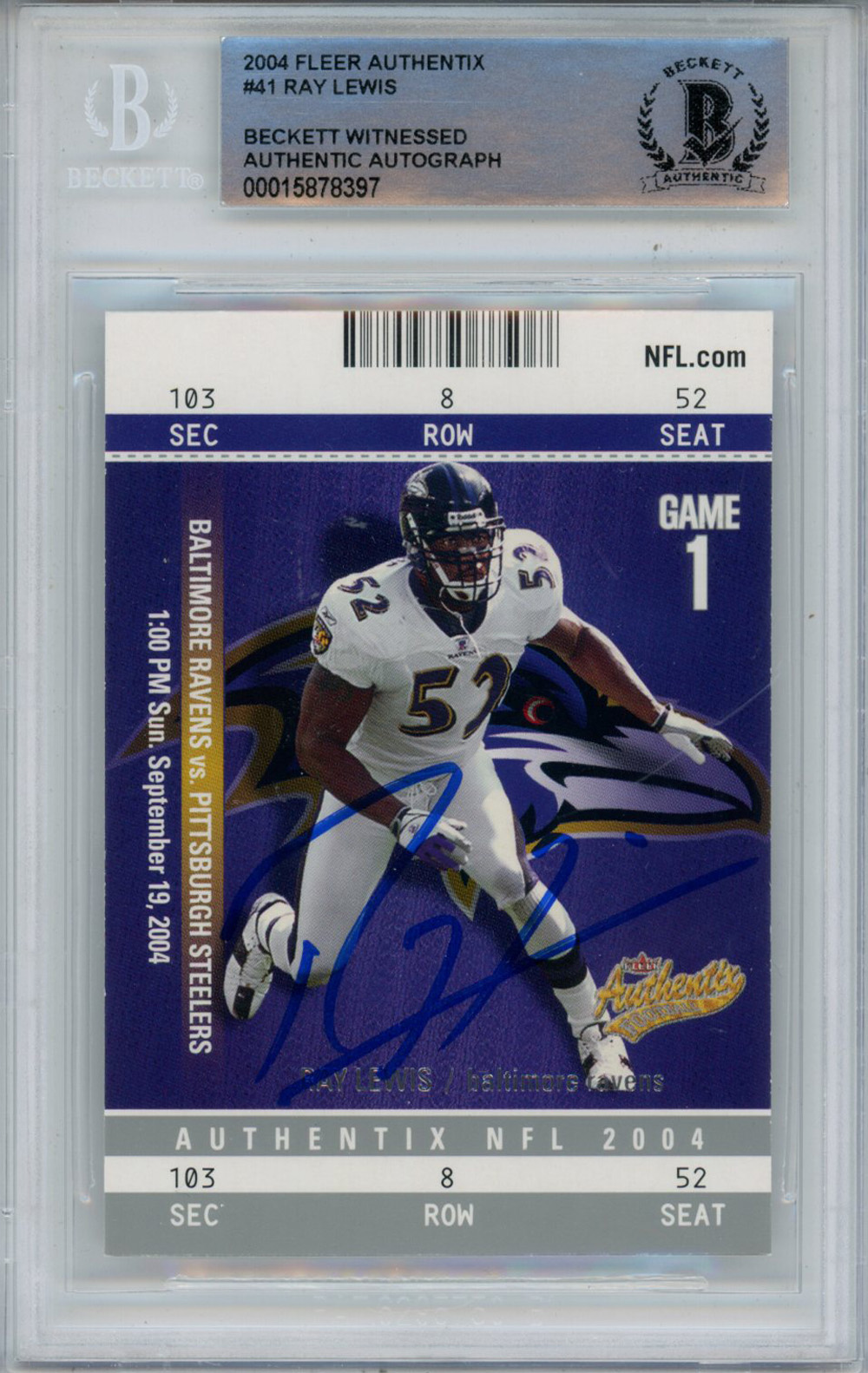 Ray Lewis Autographed 2004 Fleer Authentix #41 Trading Card Beckett Slab
