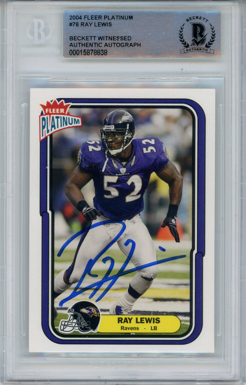 Ray Lewis Autographed 2004 Fleer Platinum #76 Trading Card Beckett Slab