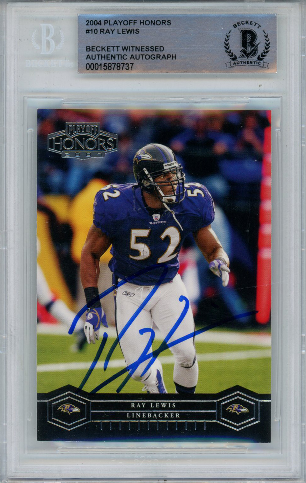 Ray Lewis Autographed 2004 Playoff Honors #10 Trading Card Beckett Slab