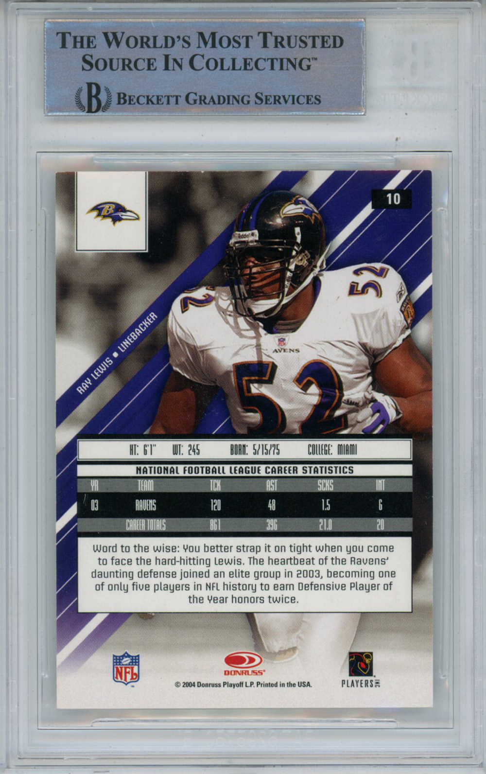 Ray Lewis Signed 2004 Leaf Rookies & Star #10 Trading Card Beckett Slab