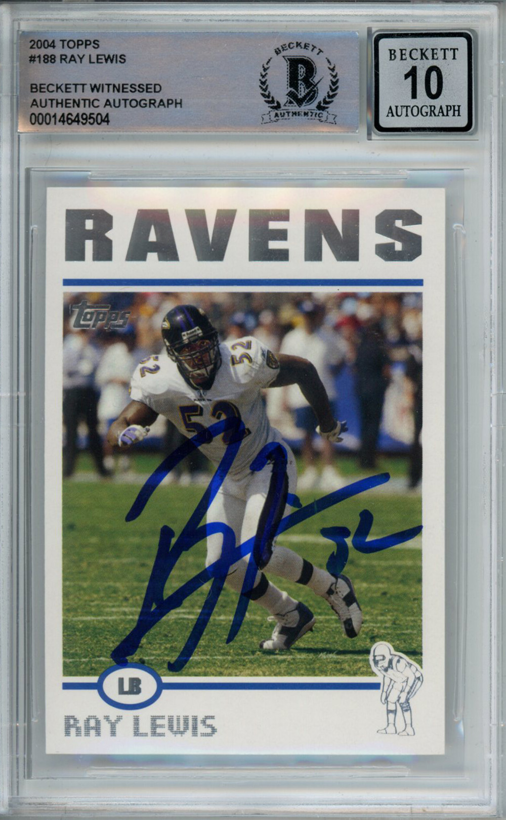 Ray Lewis Autographed 2004 Topps #188 Trading Card Beckett Slab
