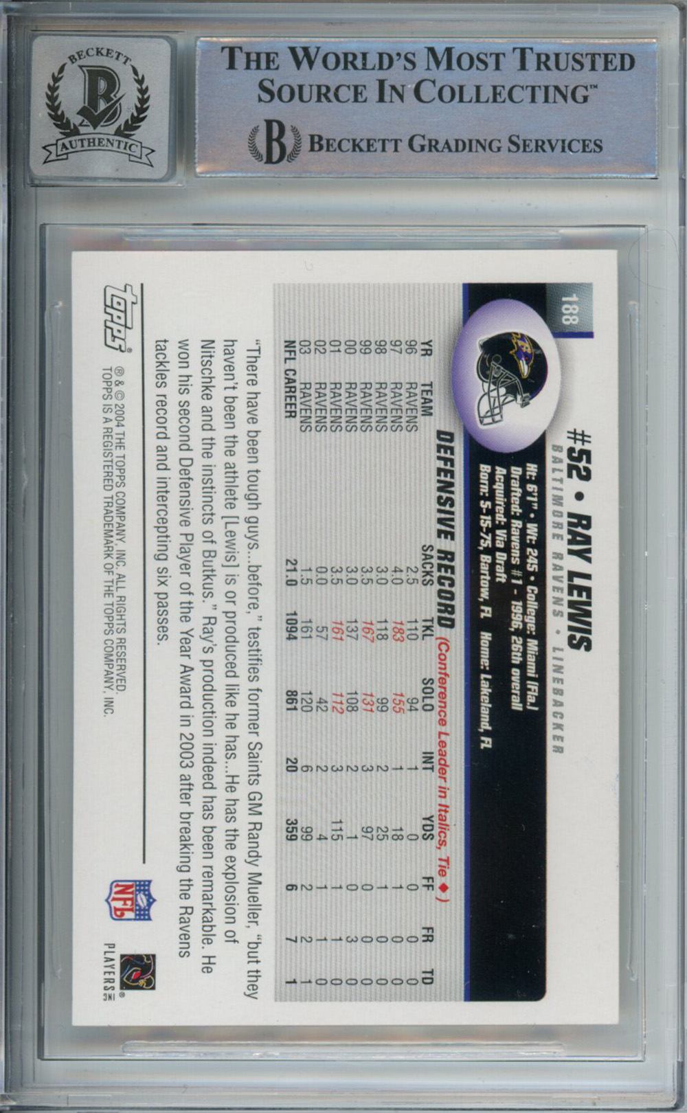 Ray Lewis Autographed 2004 Topps #188 Trading Card Beckett Slab