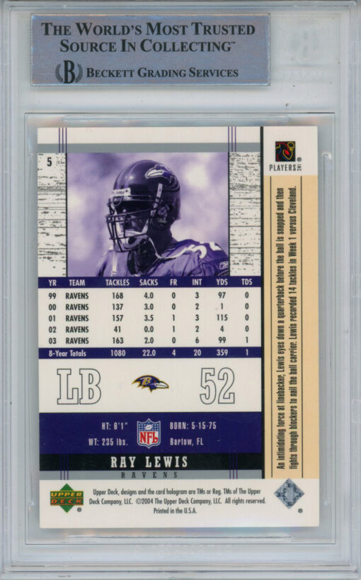 Ray Lewis Signed 2004 Upper Deck Legends #6 Trading Card Beckett Slab