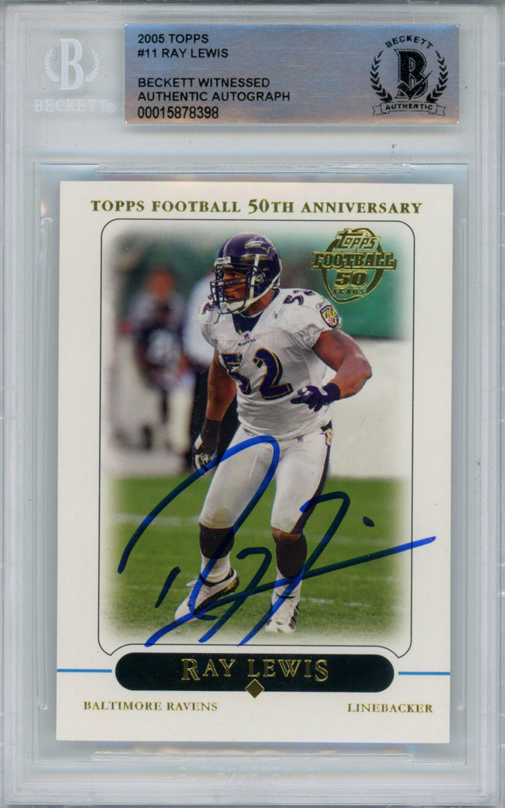 Ray Lewis Autographed 2005 Topps #11 Trading Card Beckett Slab