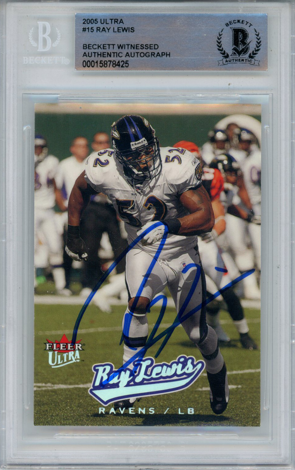Ray Lewis Autographed 2005 Ultra #15 Trading Card Beckett Slab