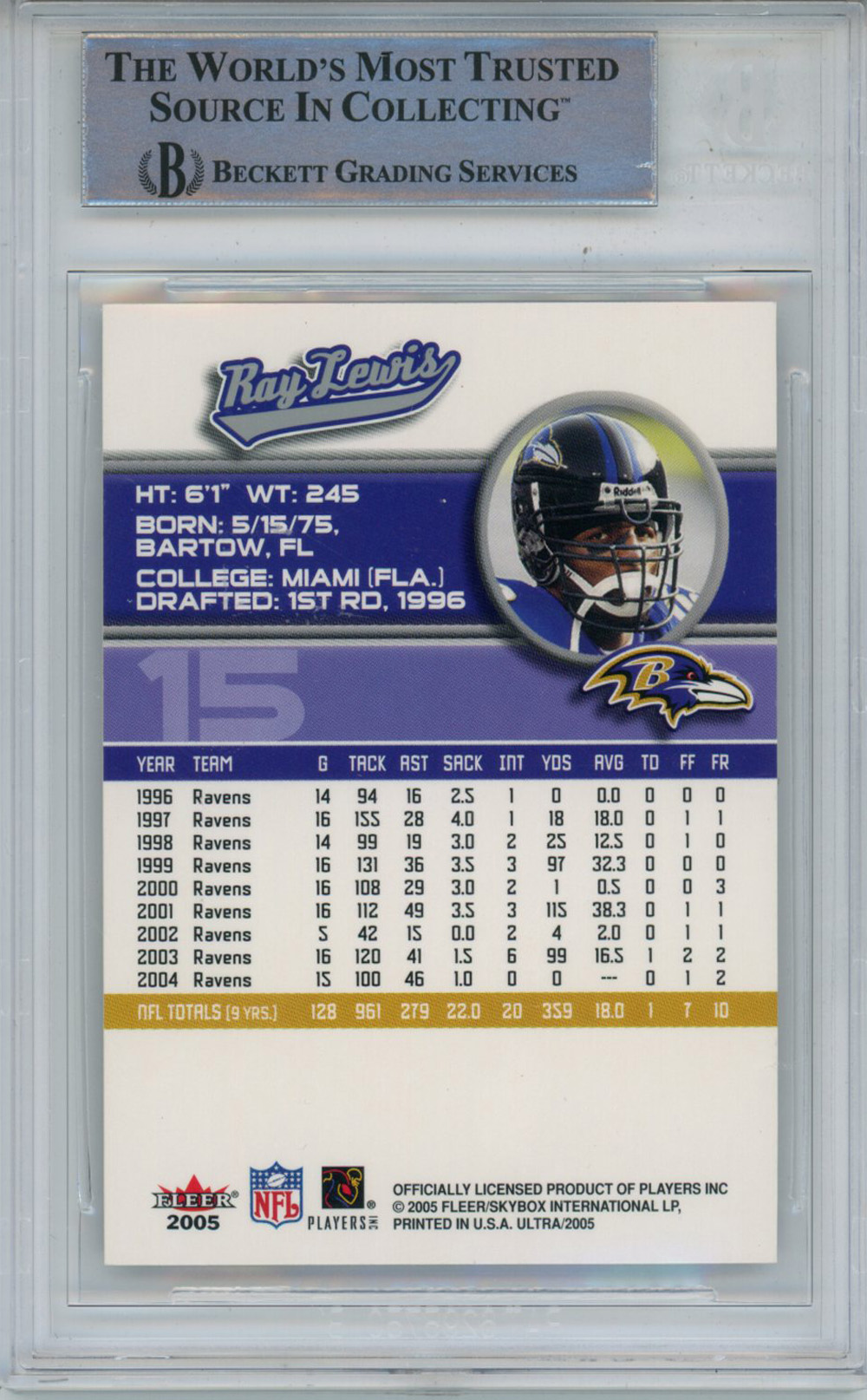 Ray Lewis Autographed 2005 Ultra #15 Trading Card Beckett Slab