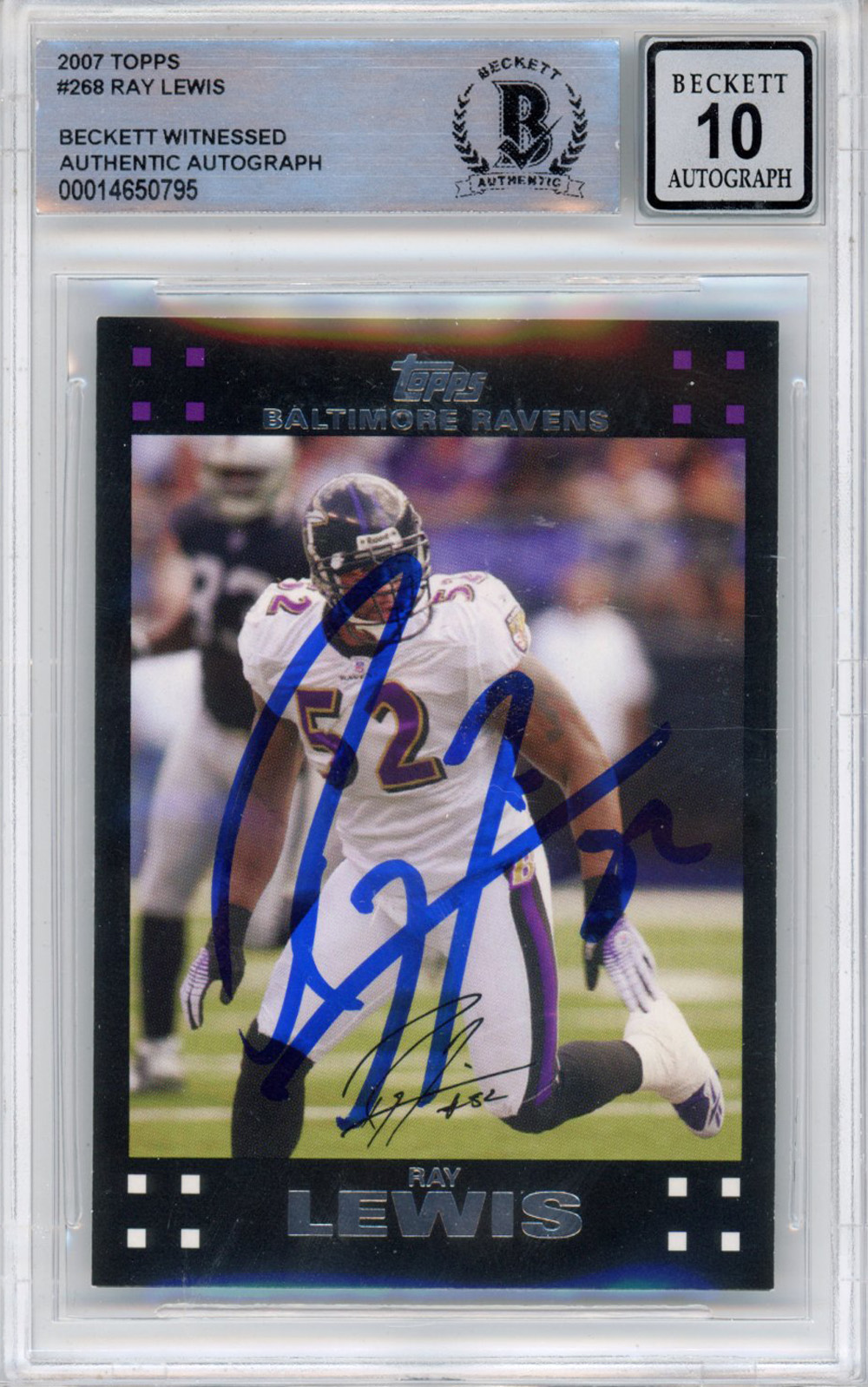 Ray Lewis Autographed/Signed 2007 Topps #268 Trading Card Beckett Slab