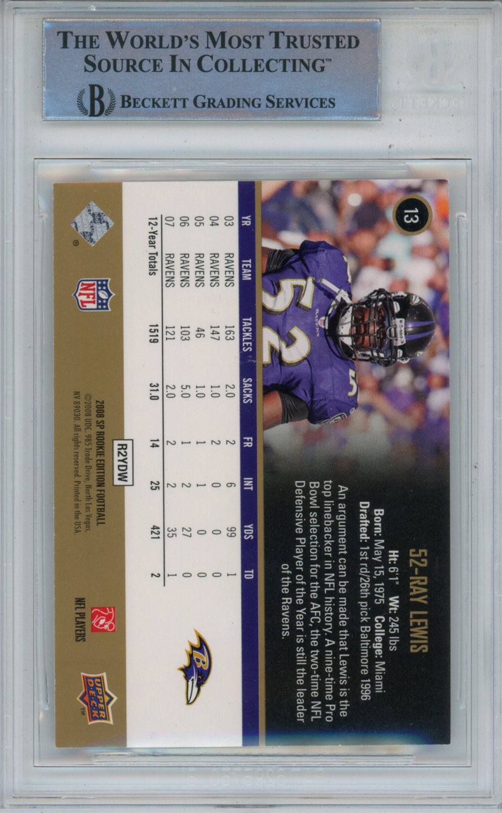 Ray Lewis Signed 2008 SP Rookie Edition #13 Trading Card Beckett Slab