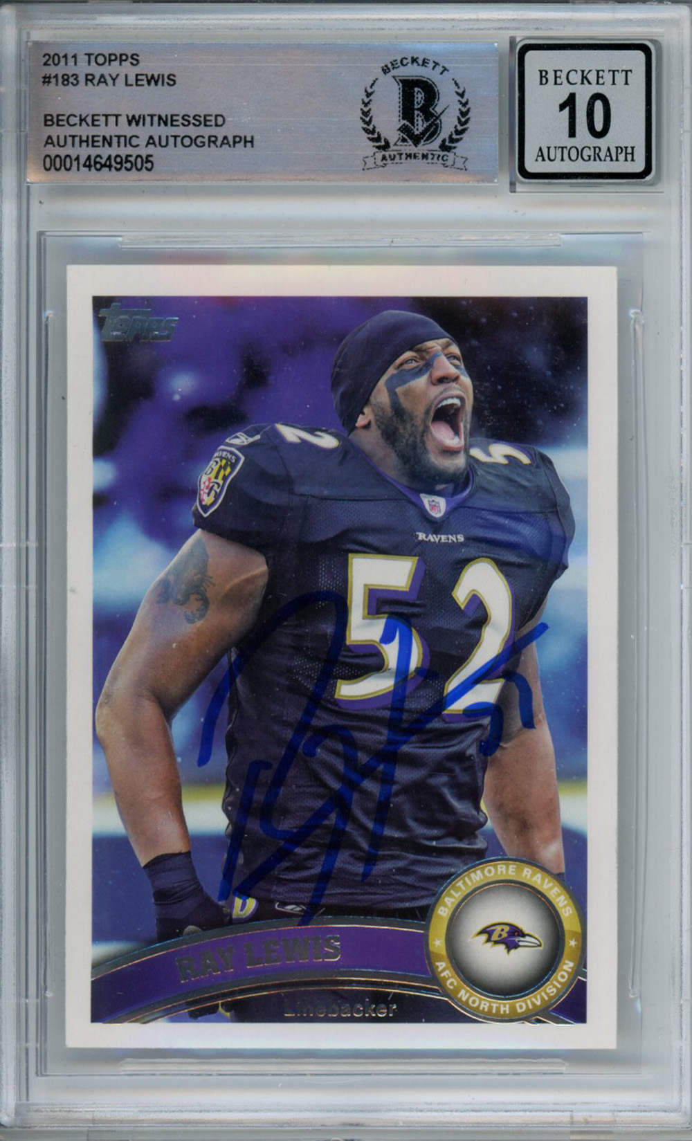 Ray Lewis Autographed 2011 Topps #183 Trading Card Beckett Slab