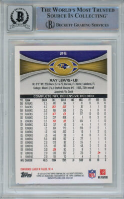 Ray Lewis Autographed/Signed 2012 Topps #25 Trading Card Beckett 10 Slab