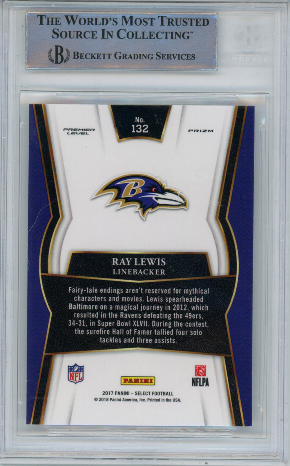 Ray Lewis Autographed 2017 Panini Select #132 Trading Card Beckett Slab