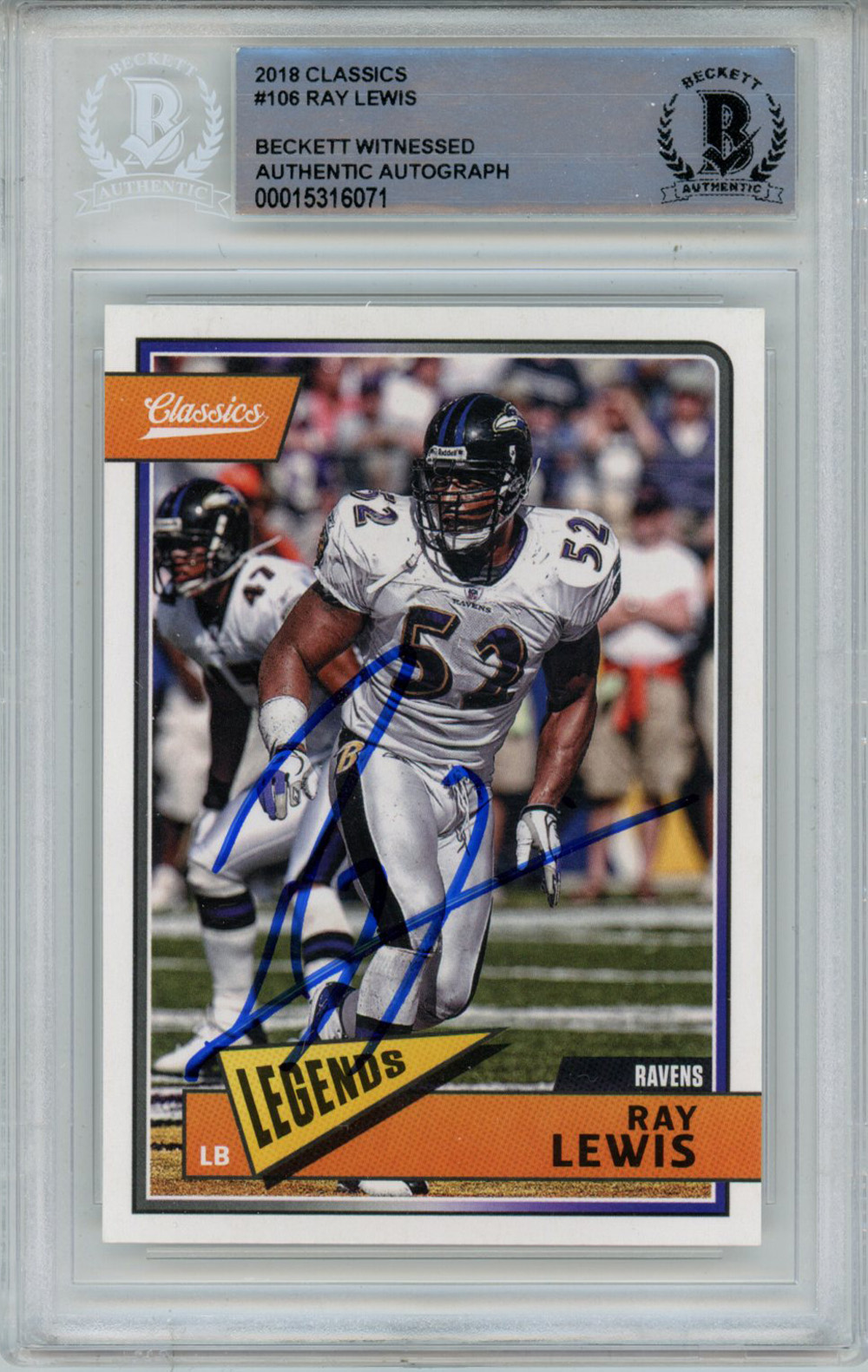 Ray Lewis Autographed 2018 Panini Classics #106 Trading Card Beckett Slab