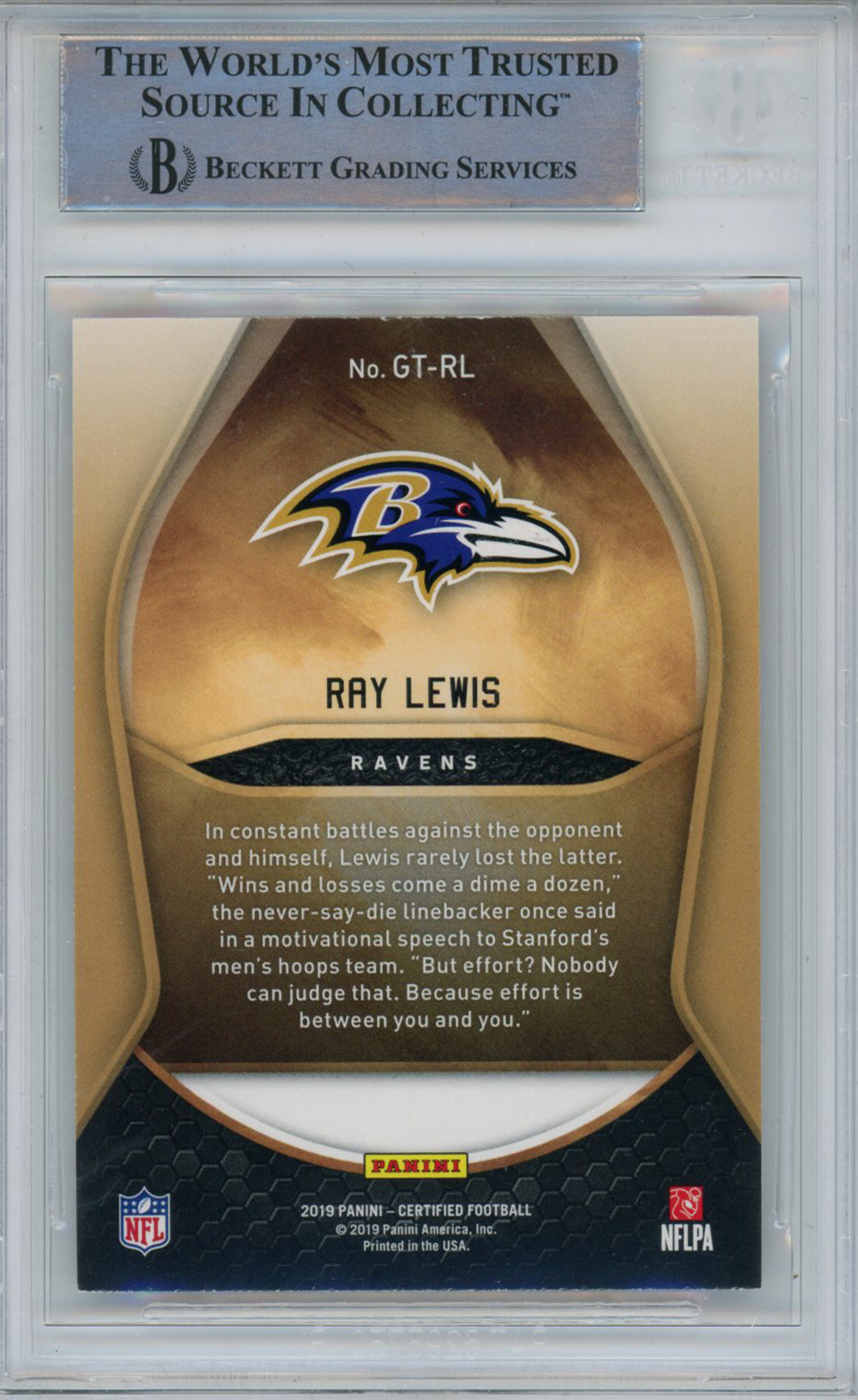 Ray Lewis Signed 2019 Certified Gold Team #GT-RL Trading Card BAS Slab