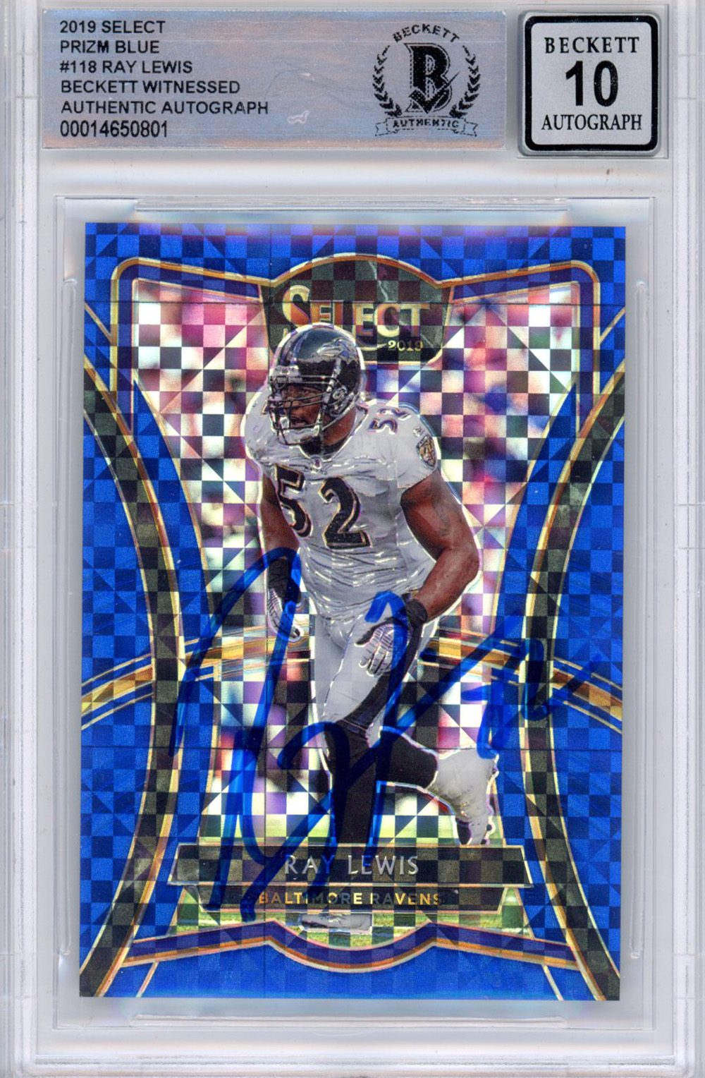 Ray Lewis Autographed 2019 Panini Prizm Blue 116/149 Trading Card BAS Slab